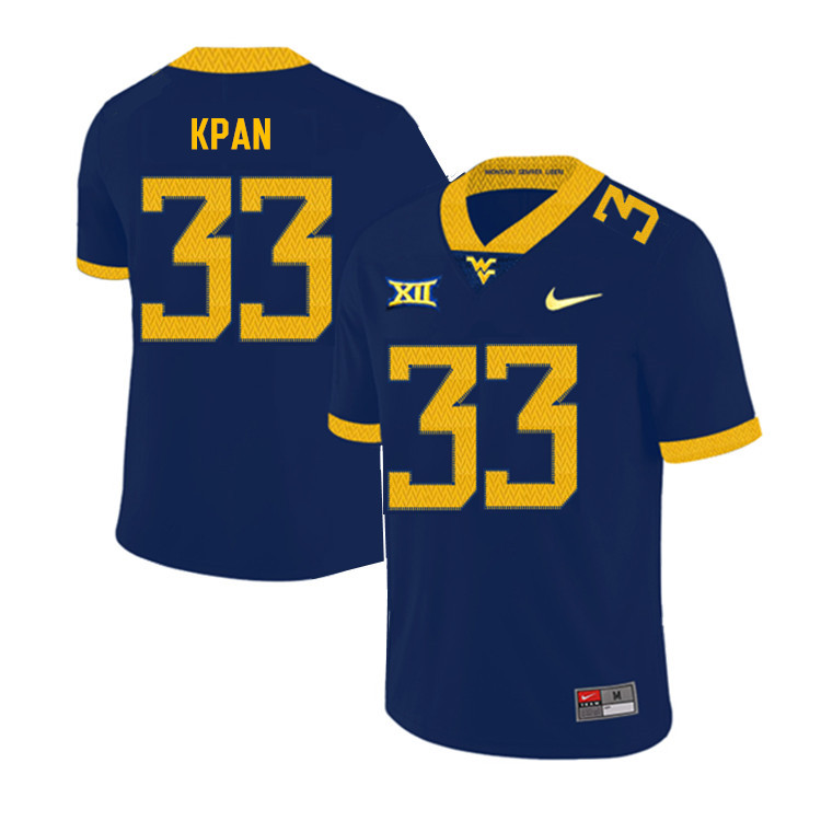 2019 Men #33 T.J. Kpan West Virginia Mountaineers College Football Jerseys Sale-Navy
